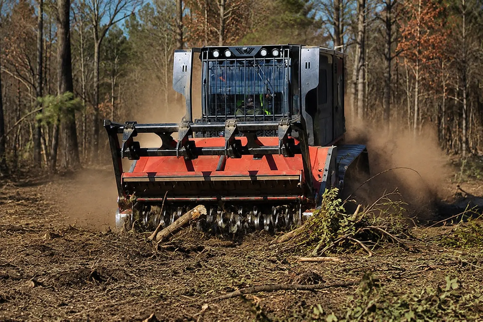 Tracked forestry mulcher grinding brush and small trees during land clearing near Oxford, Mississippi